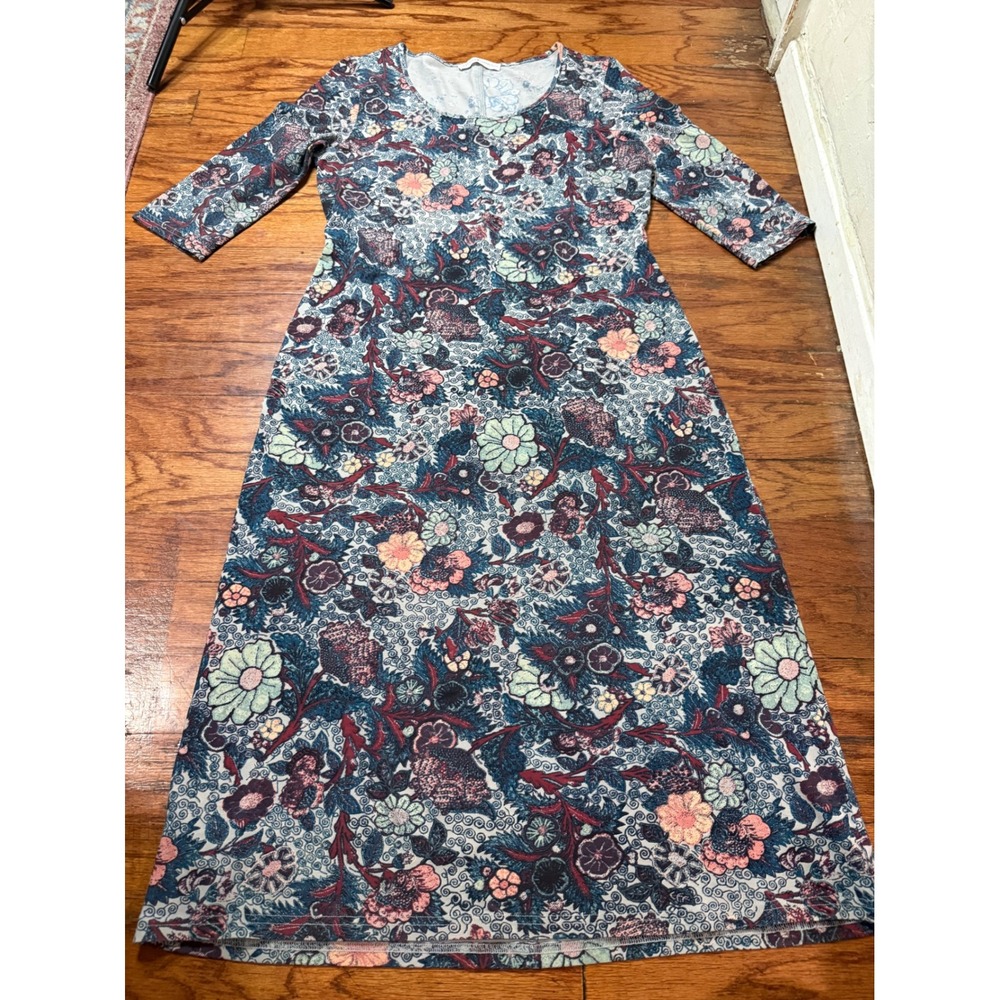 Peruvian Connection Floral Pima Cotton Midi Dress Blue Pink‎ 3/4 Sleeve Large